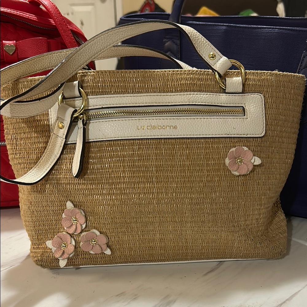 Liz Claiborne Tan and White Straw Bag
